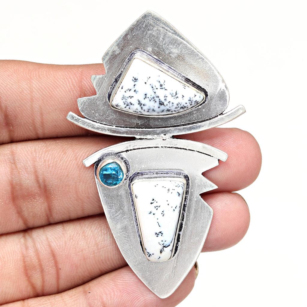 Dendritic Opal Sky Blue Topaz  Mother's Day Silver Jewelry Pendant  2.5"