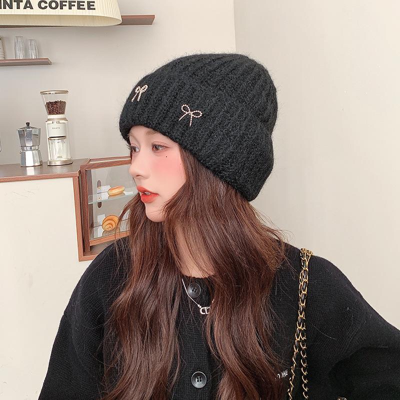 Korean Large Head Circumference Woolen Hat Winter Warm Hat Women's Bow Sweet Ear Protection Cold Pullover Knitted Hat