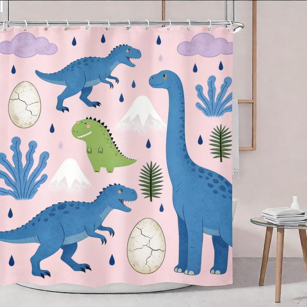 Cute Dinosaur Shower Curtain Green Cartoon Dinosaurs Print For Kids Bathroom Decor Polyester Bath Curtain With Hooks