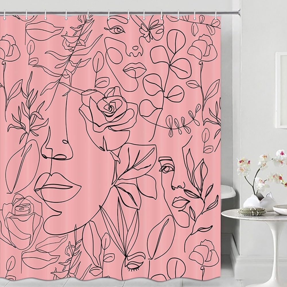 Black Line Female Face Shower Curtain Floral Butterfly Silhouette Simple Art Aesthetic Bathroom Decorative Curtain Waterproof