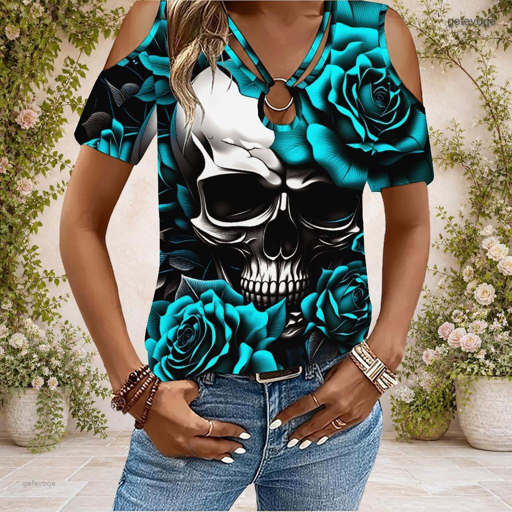 Women Plus Size Keyhole Ring Neck Cold Shoulder Short Sleeve T Shirt Skull Rose Printed Cyan Black