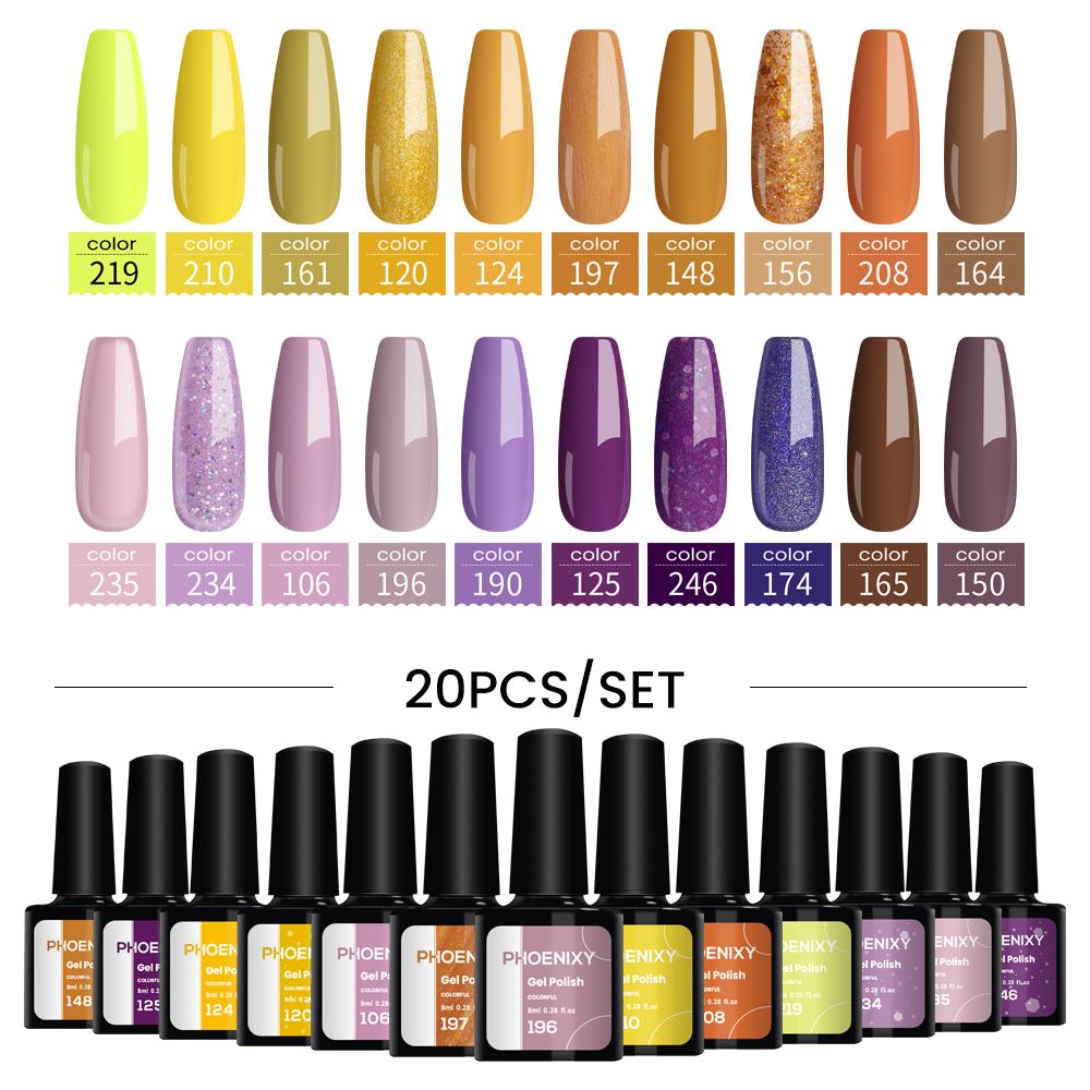 

PHOENIXY, 20 цветов, набор гель-лаков для ногтей, набор гель-лаков для замачивания, маникюр, полупостоянные гибридные лаки, основа и верхний дизайн ногтей 20PCS