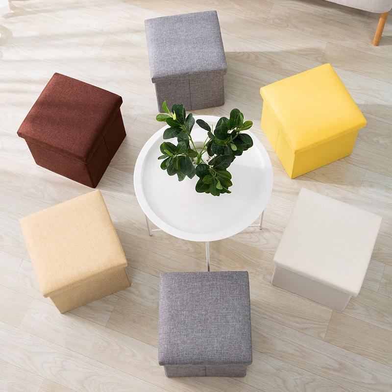 Multi-functional Solid Color Linen Folding Storage Stool, Home Shoe Storage Bench for Living Room & Entryway