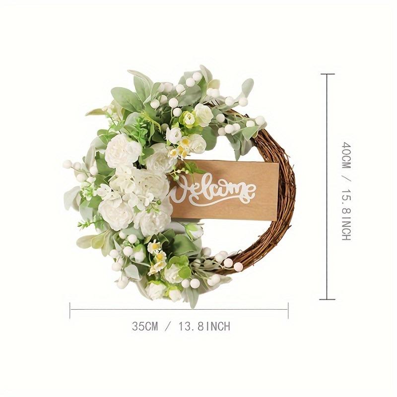 Artificial White Peony Wreath with Welcome Sign Farmhouse Wedding Spring Door Hanging Decor Realistic Flower Garland