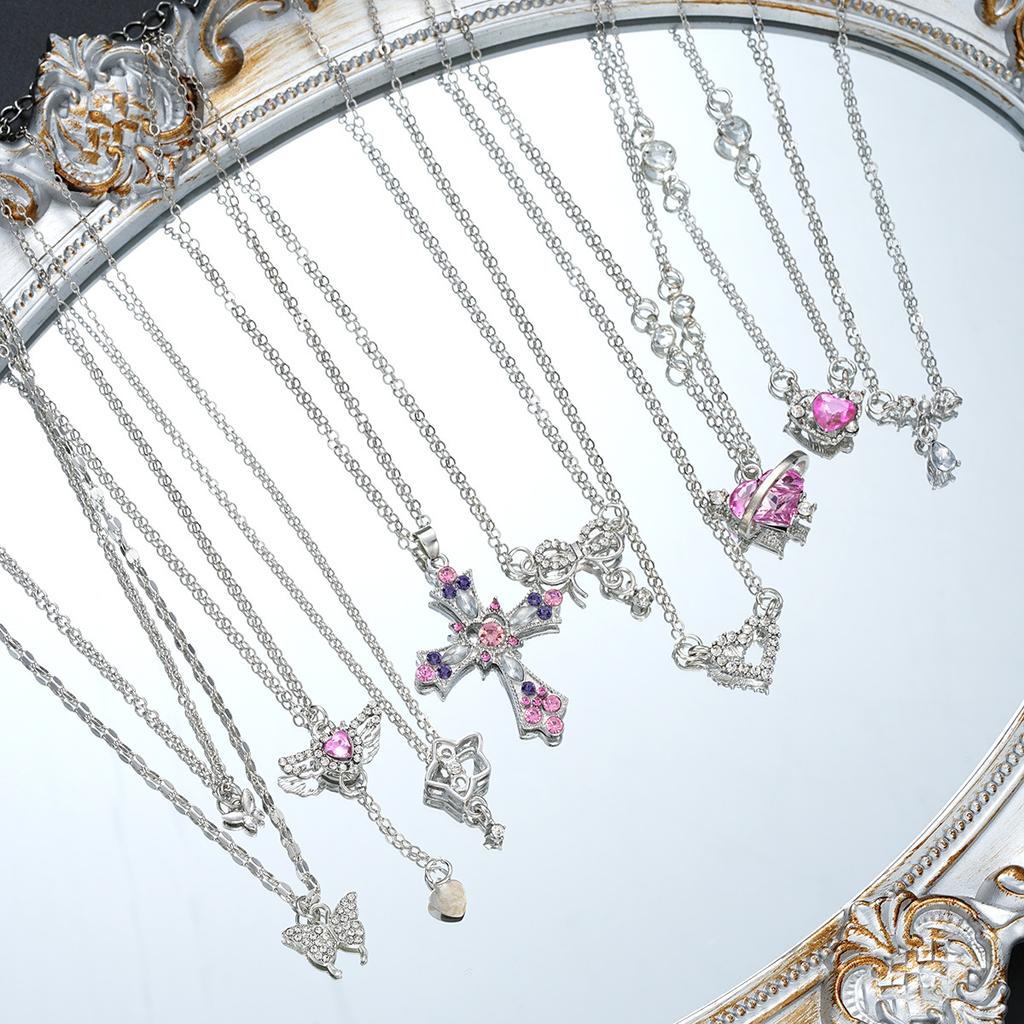 9 Pcs Gothic Y2K Pink Cross Heart Pendant Chain Choker Necklace Set For Women Girl Hip Hop Punk Charms Aesthetic Jewelry Gifts
