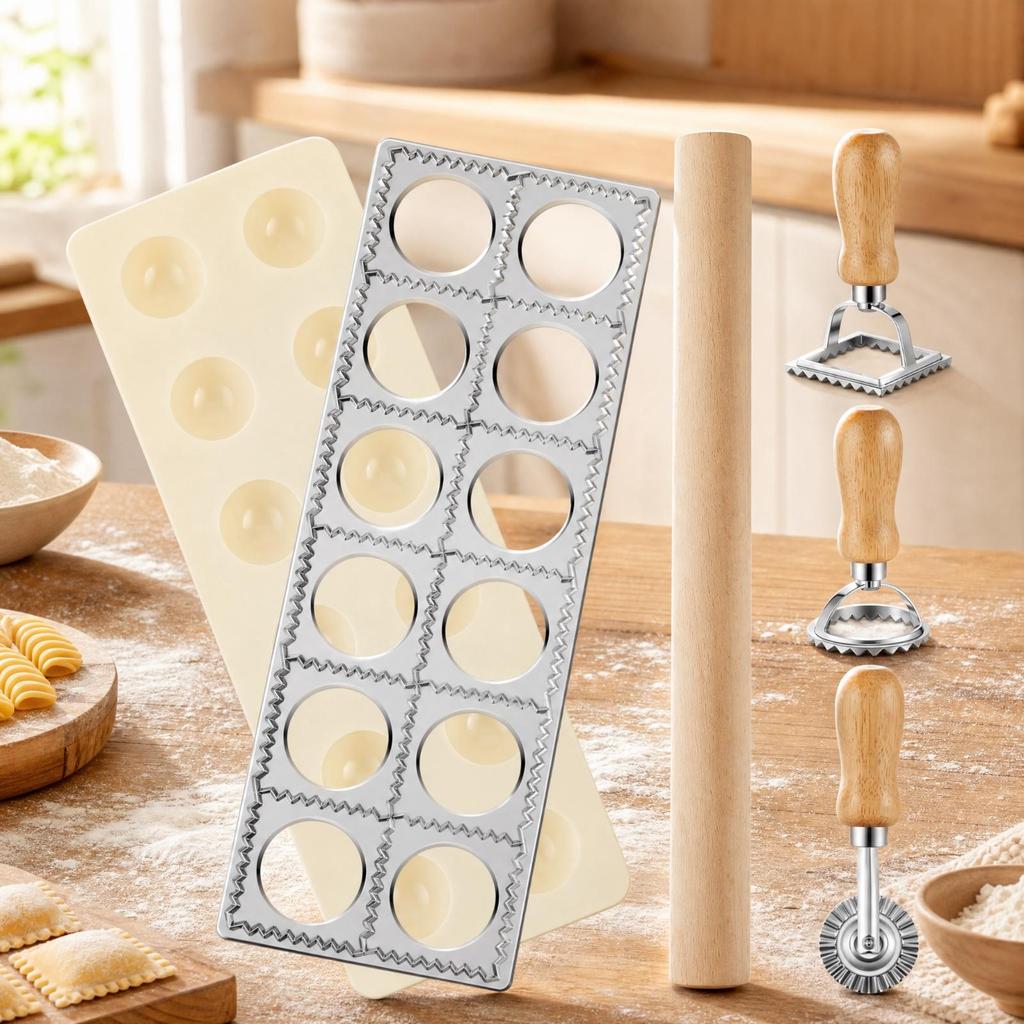 5 Pieces Wood and Stainless Steel Pasta Tool Set Wooden-Handled Board with