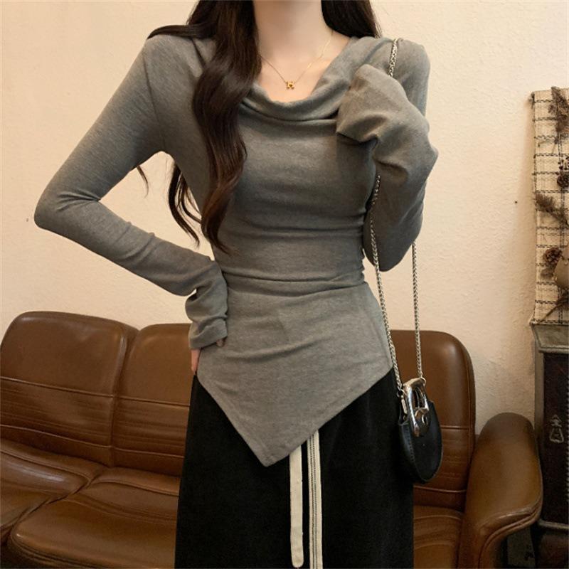 

Женская сезонная базовая футболка с одним открытым плечом, однотонная, с длинными рукавами, приталенная, в стиле Spice Girl, хлопковый топ XL серый