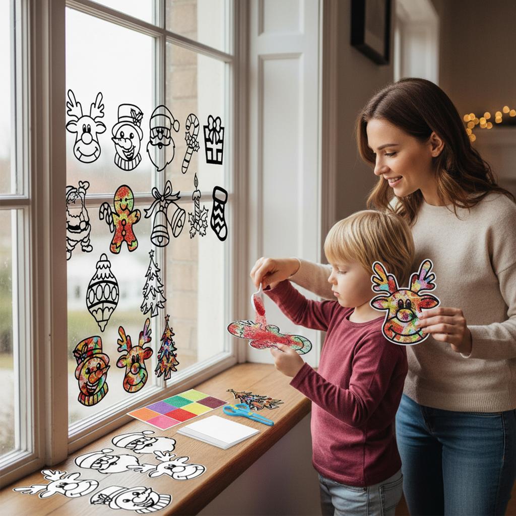 12 Pack Christmas Window Stickers Handmade DIY Paper Art Craft Kit Window Pictures Craft Templates for Wall and Room Decoration
