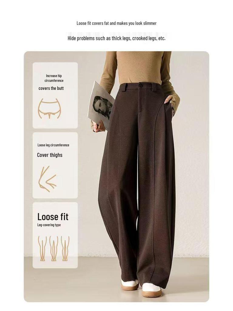 Women's Thick Woolen Bass Pants - Soft, Casual, Loose, Straight-Leg, Slimming, Wide-Leg for Autumn and Winter.