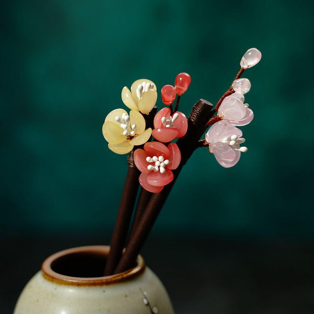 Hanfu Dress 1 Pc Flower Hair Clips Glass Hair Sticks Hair Fork Hairpin Wooden