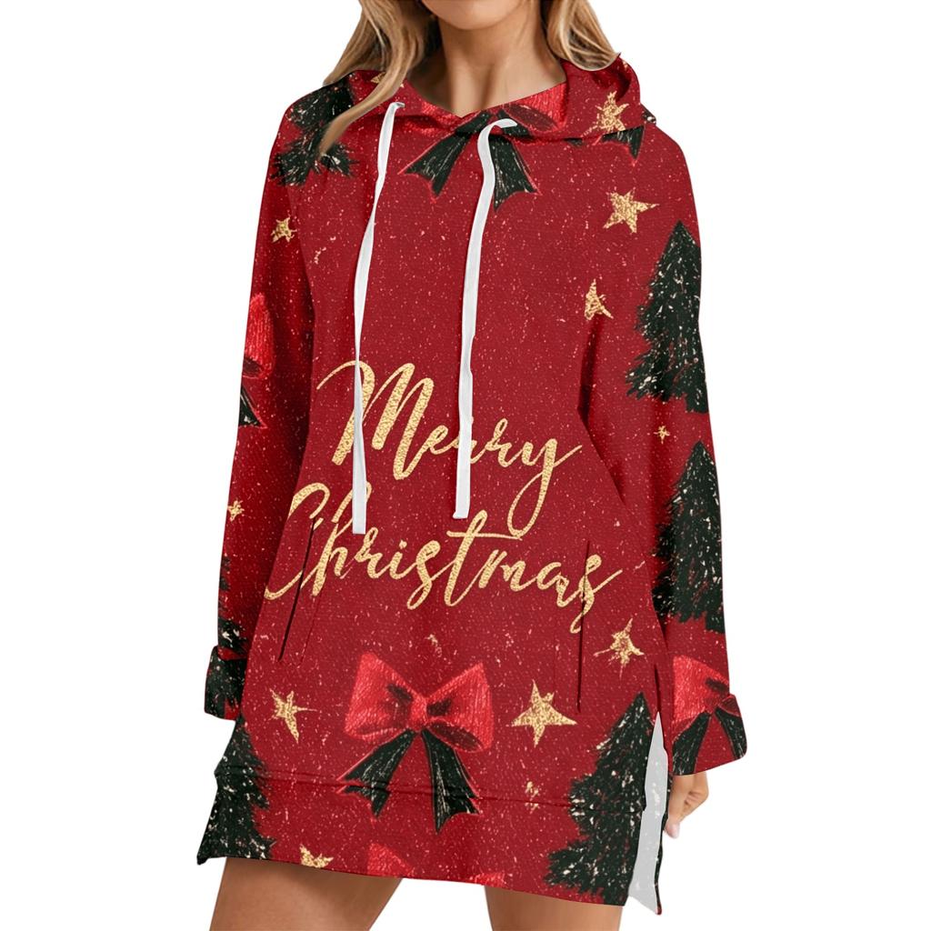 Kadın Uzun Kollu Noel Baskılı Kapüşonlu Sweatshirt Günlük Pullover Üst