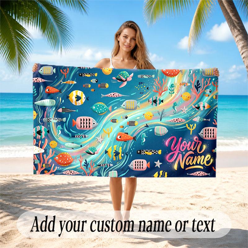 Fish Ocean Theme Beach Towel Personalized Custom Name & Text Soft Quick Dry Beach Towel for Swimming Travel