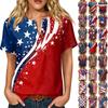 Damen Henley-Shirt mit kurzen Ärmeln und Fronttasche aus Baumwoll-Leinen-Mischgewebe Patriotischer Print Sommerliches Freizeit-Oberteil