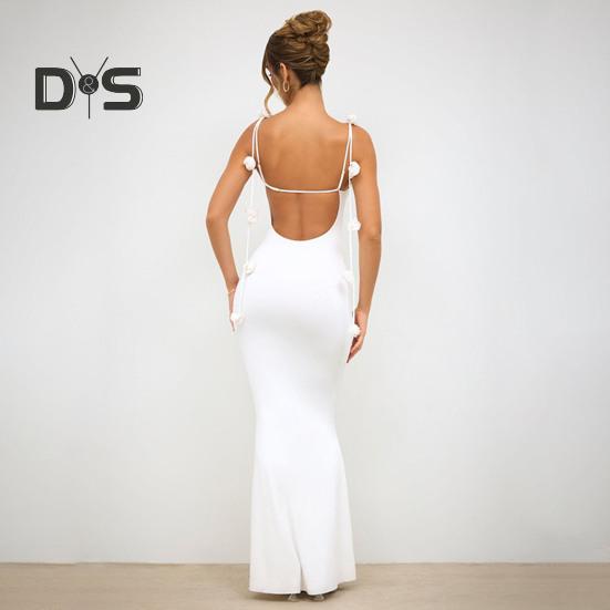 Dámské večerní šaty 3D růžová dekorace špagetová ramínka bez zad bez rukávů výstřih do V slim fit koktejlová párty maxi šaty dámské banketové svatební maxi šaty