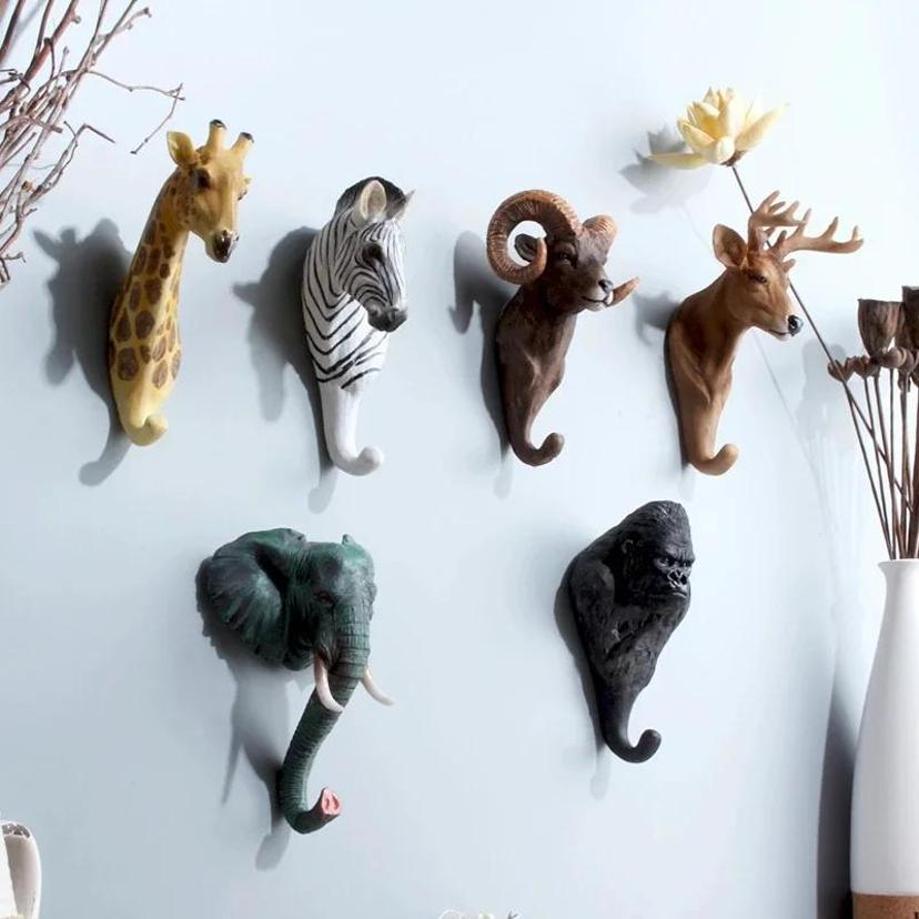 1 Pcs Retro Animal Model Decorative Hooks For Home Door Back Wall Hanging 3D Wall Art Resin Crafts