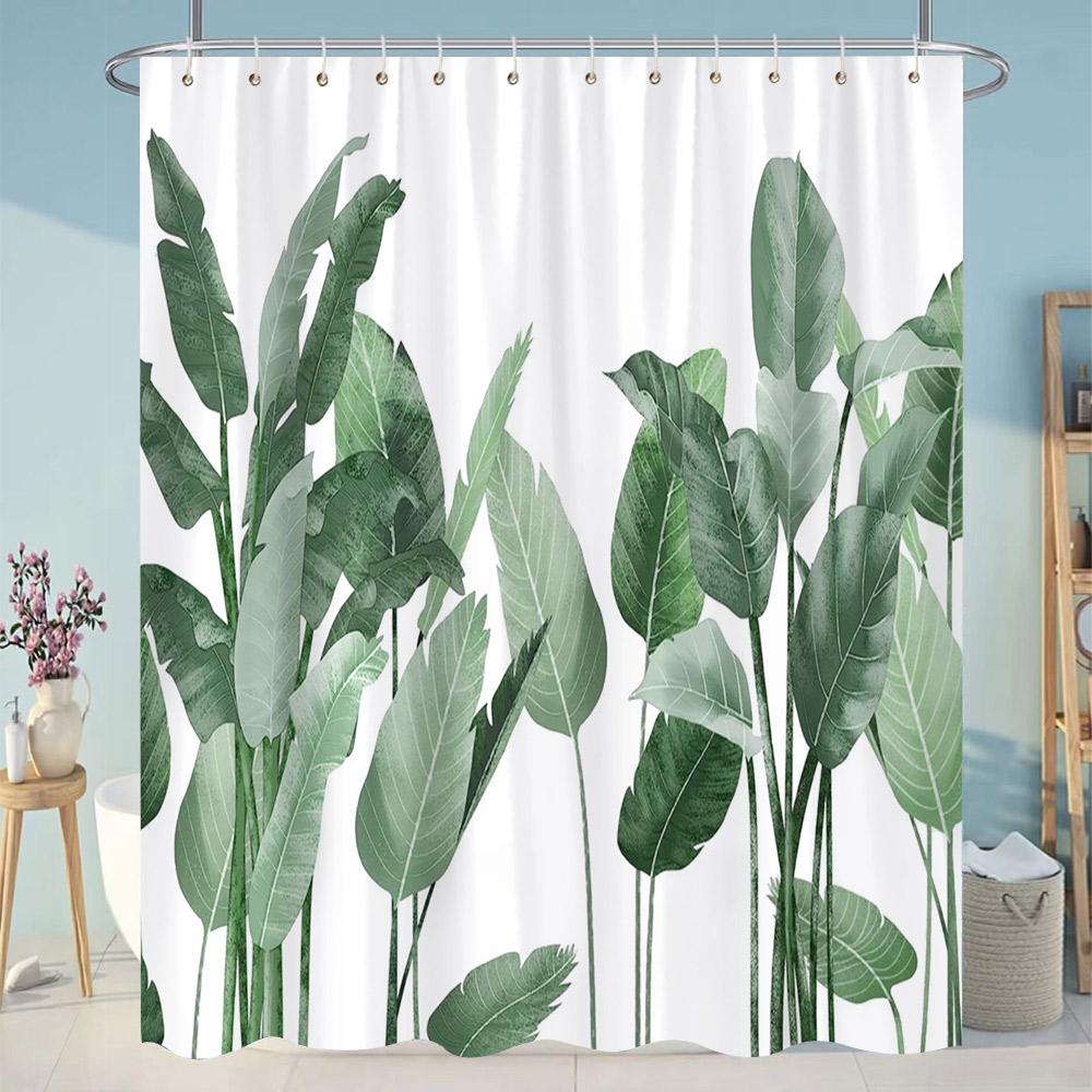 Tropical Green Leaves Plant On White Background Odorless Shower Curtains for Bathroom Showers and Bathtubs Decor with Hooks