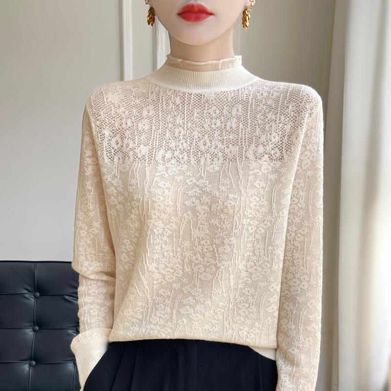 Autumn Winter Half High Collar Lace Crochet Sweet Sweater Women Ruffles Solid Color All-match Bottomed Knitting Top