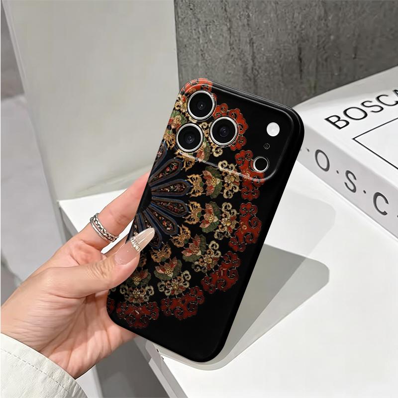 Vintage Oriental Fan Motif Colorful Ethnic Pattern Art Film Aesthetic Protective Shockproof Bumper Case Cover For iPhone 14 15 16 Pro Max Plus