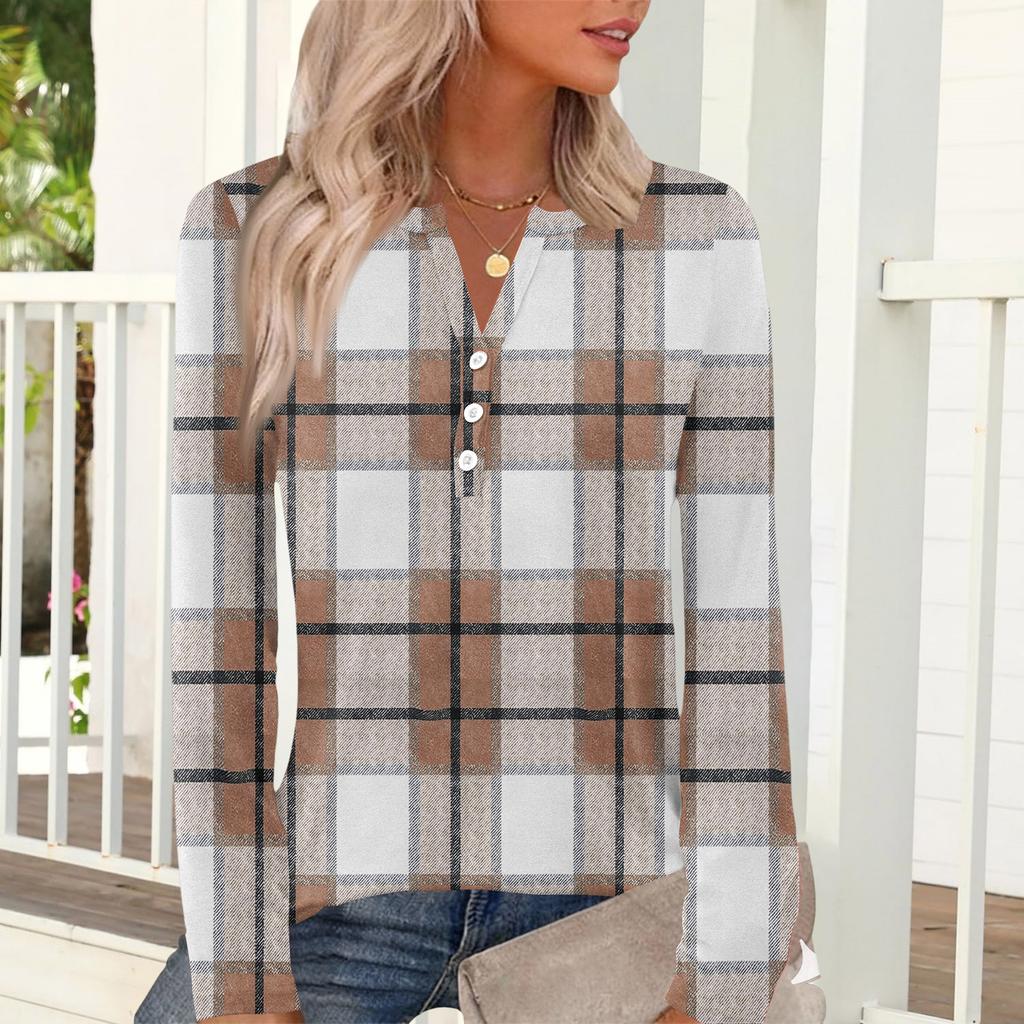 Women's Casual And Fashionable T-shirt With Plaid And Striped Print, Round Neck And Long Sleeves.