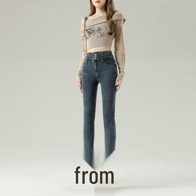 Damen Blaue-Graue High-Waist Schlankmachende Skinny Jeans mit Samtfutter