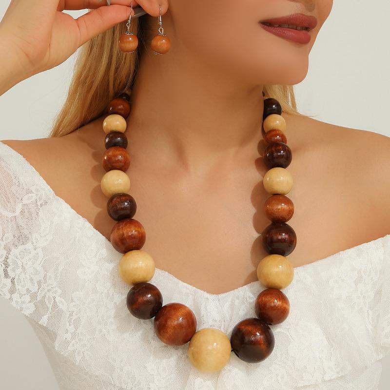 Bohemian etniczny wielokolorowy przesadzony długi naszyjnik z drewnianymi koralikami zestaw - latynoamerykański zestaw biżuterii