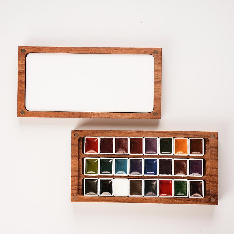 24 color walnut wood portable paint box, Solid wood watercolor paint box, Chocolate watercolor nail art color and box