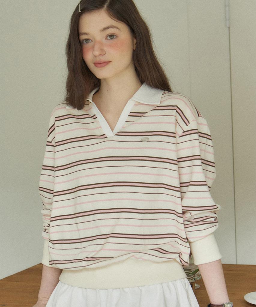 OURHOPE Striped Logo Collar Sweatshirt - Ivory