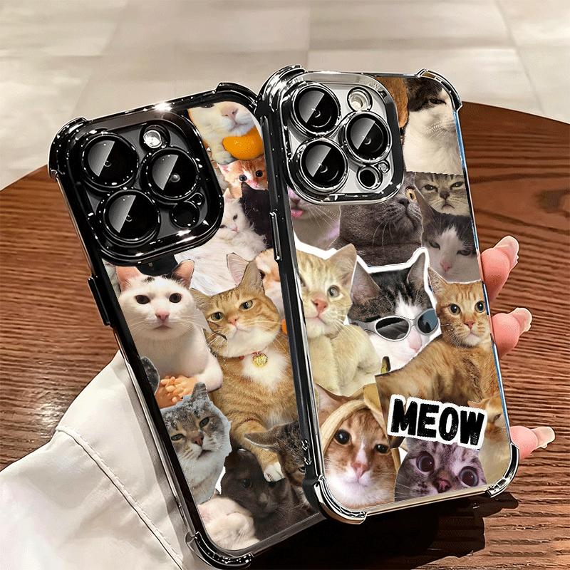 Crying Cats Combine Memes Plating Phone Case For Iphone 16 17 Pro Max Air 16E 14 15 Plus 12 13 Mini Anti-Fall Airabag Cover