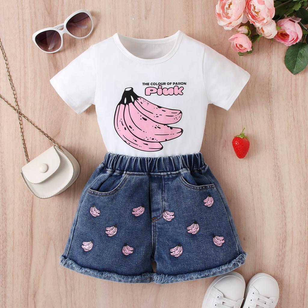 Mädchenanzug Sommer Kinder Einfarbig Bedruckt Kurzarm Pullover und Shorts