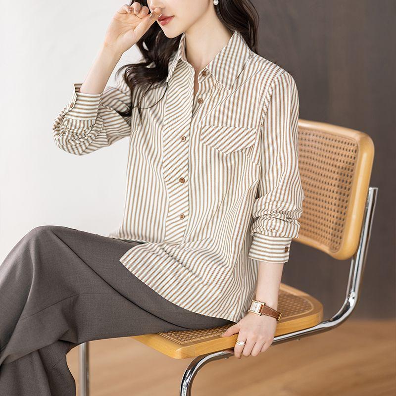 

September Momo French Style Design Loose Stripes Shirt Women 2025 Spring New Arrival Commute Minimalist Elegant Tops Khaki XL