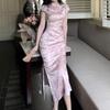 Elegant Satin Jacquard Qipao Dress with Stand Collar and Waist-Cinching Design for Early Summer