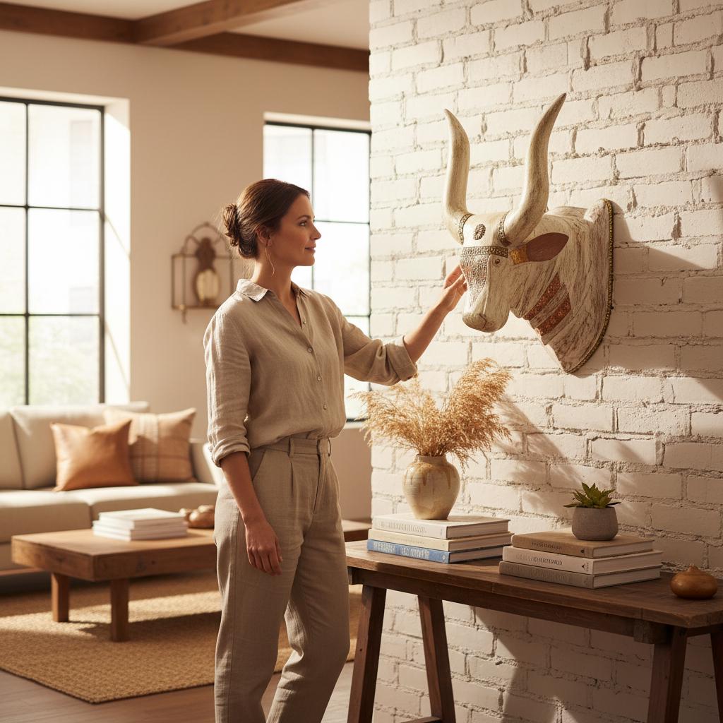Handicrafted Wooden Bull Head Wall Decor | Indian Nandi Wall Hanging | Home Style Home Decor | Ethnic Wooden Wall Art | Unique Gift Decor