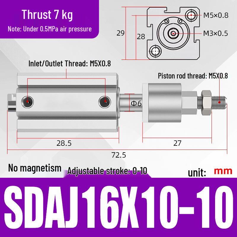Adjustable Stroke Pneumatic Thin Cylinder - Piston Rod Sizes: 16/20/25/32/40/63