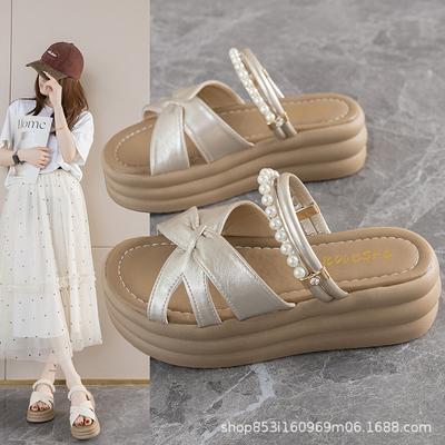Feenwind Dicksohlige Strand Cool Slipper Damen 2025 Sommer Koreanische Version Neu Kreuzriemen Außen Tragen Perlen Slipper Damen