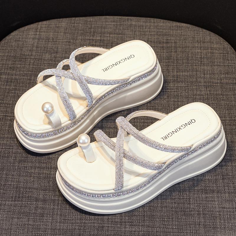 Fashion 7.5CM Synthetic Rhinestone Slippers Luxury Sandals Elegance Leisure Fashion New Summer Women Bling Platform Wedge Flats Shoes