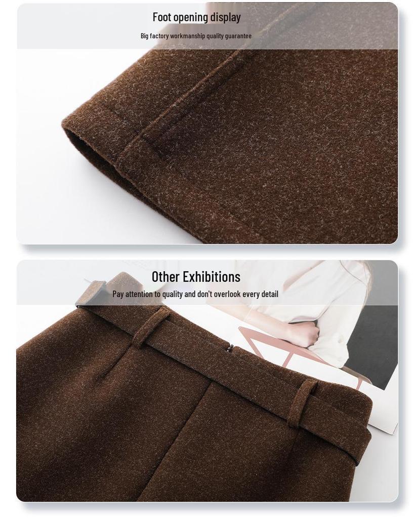 2025 Coffee Wool A-line High-waisted Slim-fitting Skirt for Petite Women’s Winter Collection