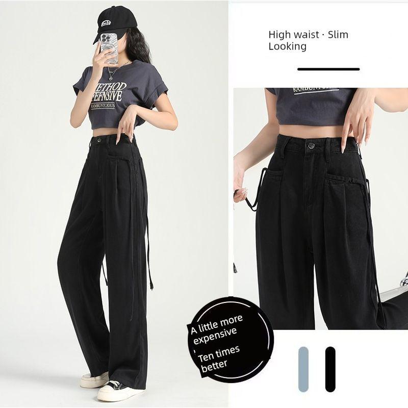 

Thin Lyocell Jeans Summer Women s Clothing Drooping Slimming 2024 New Arrival Light Color High Waist Straight-leg Ice Silk Wide-Leg Pants Black Long L