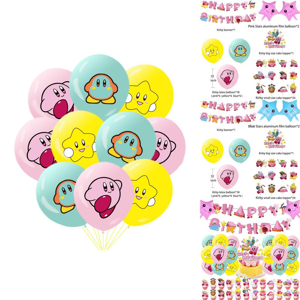 Kirby Themed Birthday Party Hanging Flag Decoration Set With Game Cake Insert Aluminum Foil Balloons Pull Flag Kit