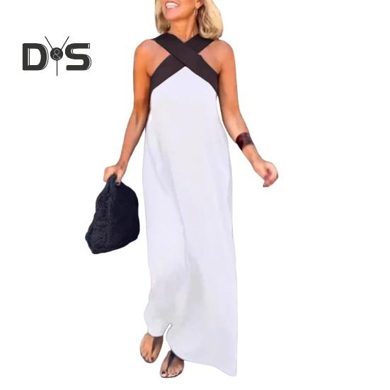 Damen Abendkleid mit gekreuztem Halsausschnitt, schulterfrei, rückenfreies Robenkleid, einfarbig, lockeres Maxikleid für Strandparty, Abschlussball, Urlaub