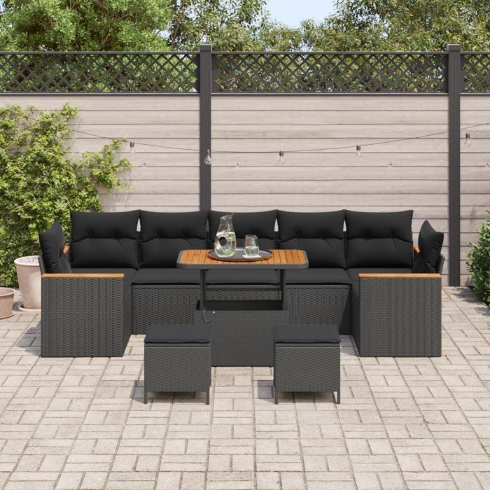 Ensemble de Canapé de Jardin 10 Pièces avec Coussins Noir Poly Rattan Acacia, Ensemble de Dîner de Jardin 3 Pièces 3364979
