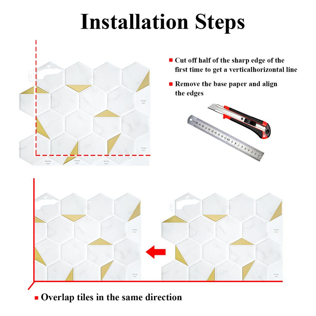 Hexogan Wall Tiles Peel and Stick Tile Stickers Waterproof Vinyl Wallpaper for Kitchens Balconies Sinks Bathrooms Restaurants
