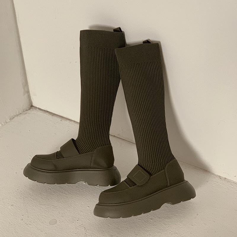 Fashion High Sock Boots For Women Round Toe Ladies Modern Rubber Female Shoes New Outside Platform Knee Stretch Boots