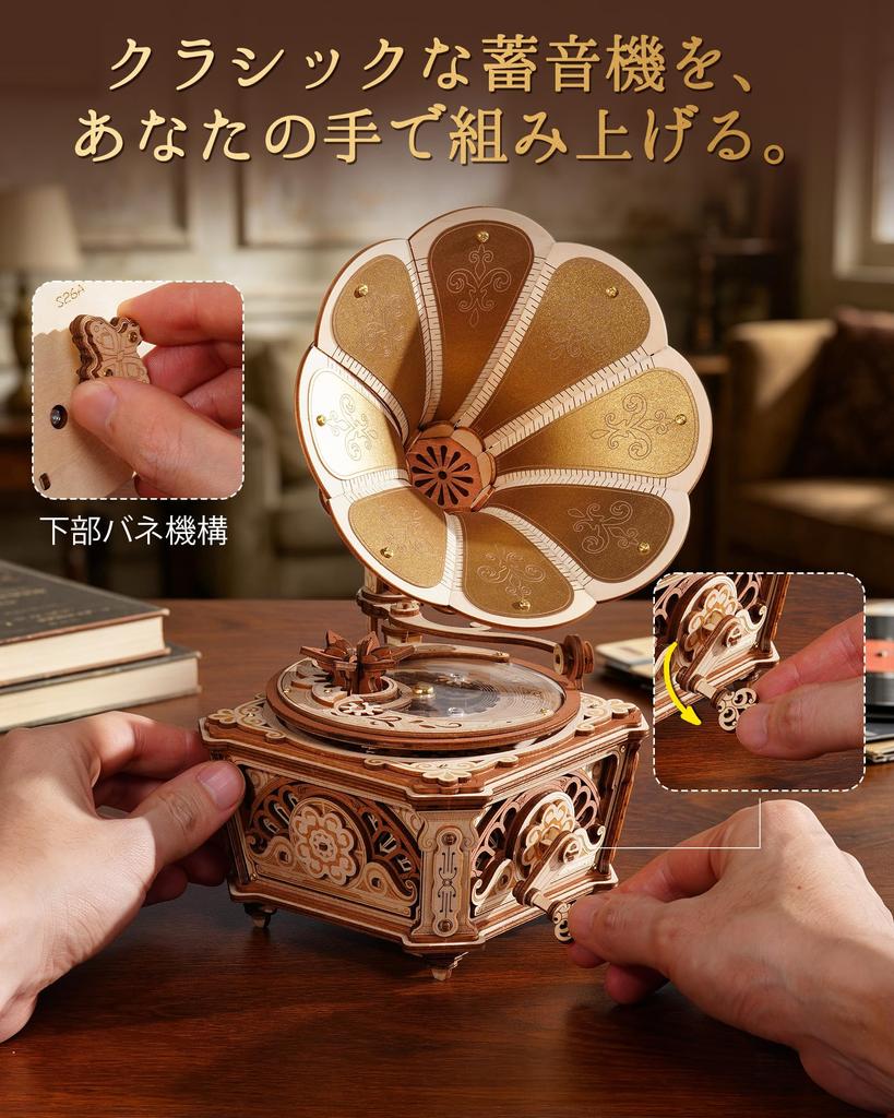 ROKR 3D Wooden Phonograph Music Box with Automatic No Batteries Interior Atmosphere Craft Time Movable Musical Educational Suitable for Middle Gift