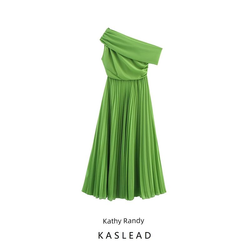 Kaslead New Women Clothes Western Style Fashion Simple Slim Fit Temperament Sloping Shoulder Waist Hugging Pleated Dress