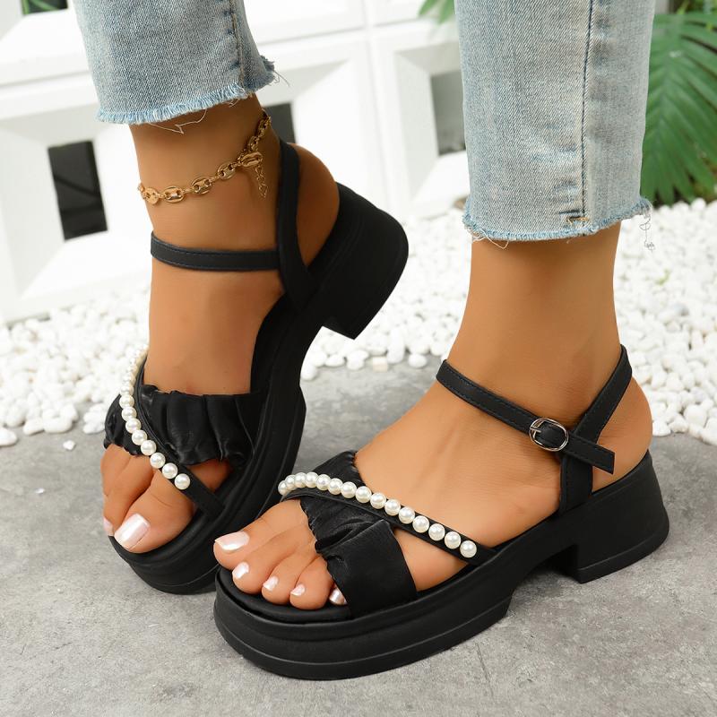 Fashion Elegant Pearl Chain Cross Strap Sandals Women 2025 Summer Platform Wedge Heels Shoes Women Back Strap Comfortable Driving Shoes