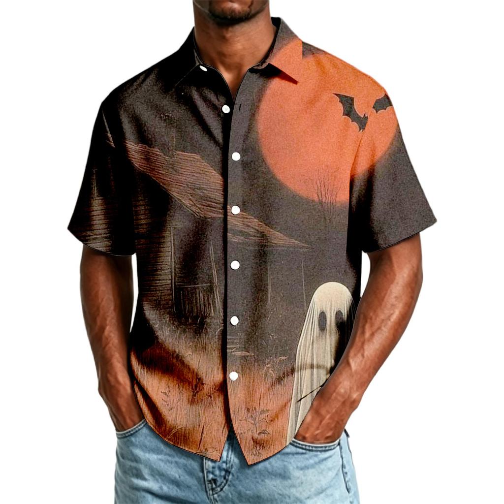 Men's Casual Short Sleeve Button Down Shirt Halloween Themed Printed Top Lightweight Breathable Fabric Relaxed Fit