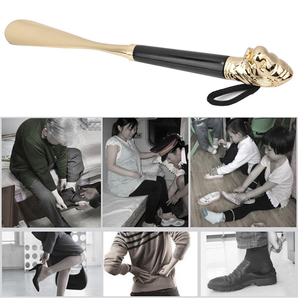 Metal Lion Head Shoe Horn Wooden Long Handle Handled Shoe Lifter Shoe Spoon ToolBlack 49cm