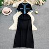 European and American Women's Clothing Summer New Denim Splicing Knitted Long Dress Tight Short-sleeved Waist and Thin Dress