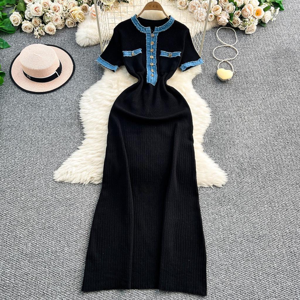 European and American Women's Clothing Summer New Denim Splicing Knitted Long Dress Tight Short-sleeved Waist and Thin Dress