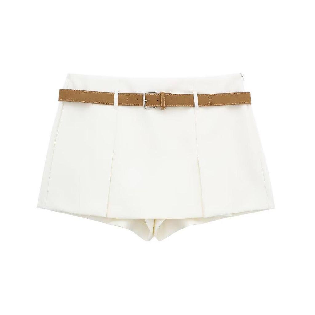 Damski wiosenny biały garnitur casualowy 2024: Krótka kurtka + Spódnico-spodnie z paskiem